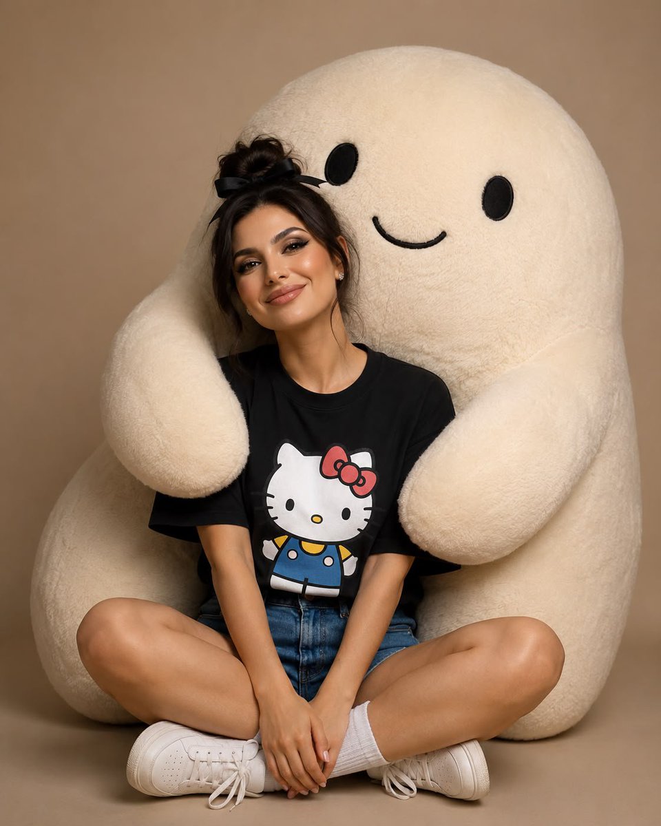 Woman in black tee smiles while giant plush hugs her from behind