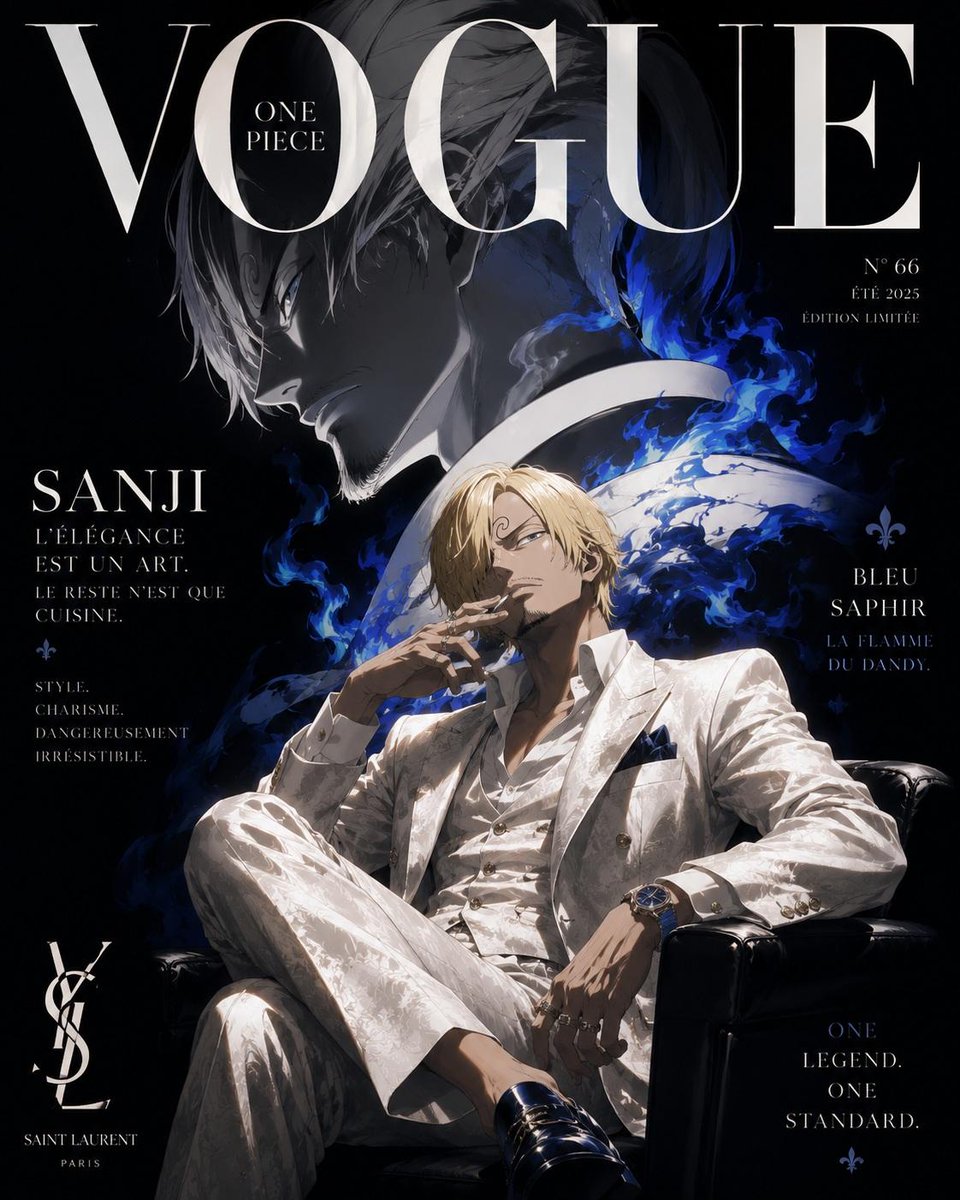 One Piece characters model haute couture on a luxury magazine cover
