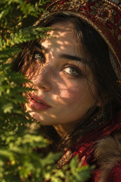 Golden hour sunlight filters through leaves on woman's face