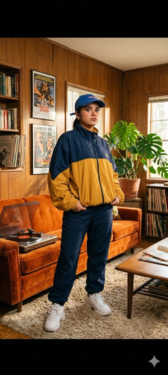 Model in retro living room wears bold vintage sportswear