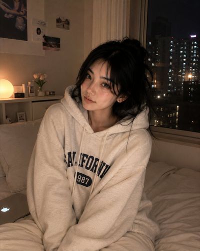 Korean woman in cream hoodie relaxes on her cozy bed at night
