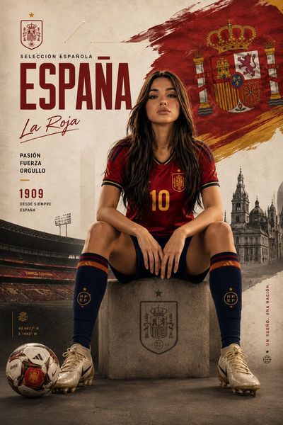 Spanish football star sits confidently on concrete podium in dramatic lighting