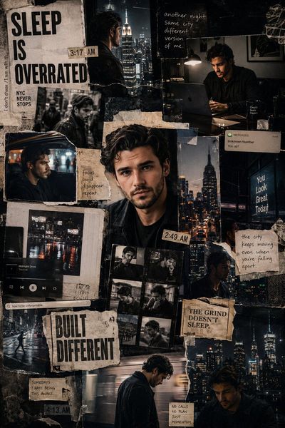 A handsome night owl stares intensely through scrapbooked NYC chaos.