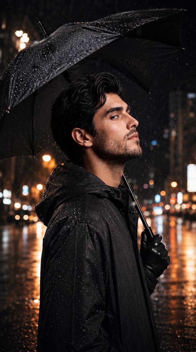 A man in a black raincoat holds an umbrella under glowing city lights