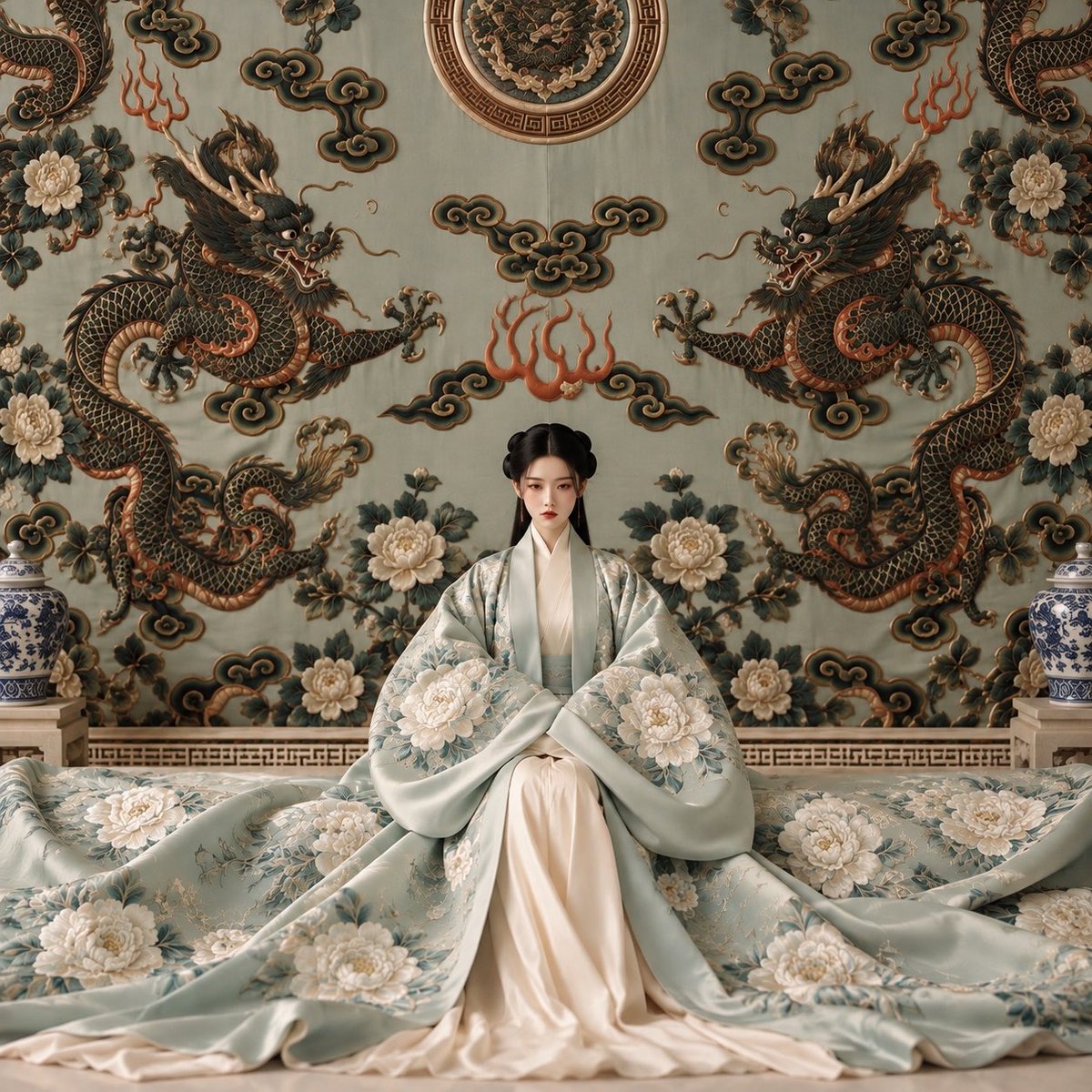 Serene Noblewoman in Celadon Hanfu Seated in Ancient Palace Hall