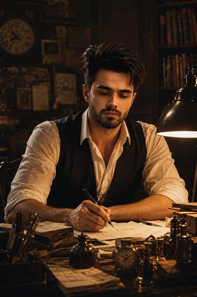 A focused writer in a vintage study writes by warm lamplight.