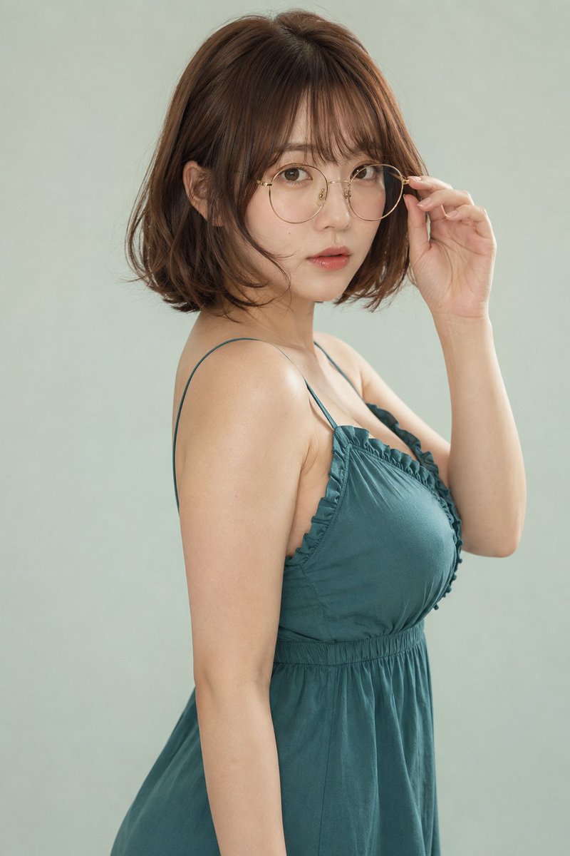 A woman in teal dress adjusts glasses in soft studio light.