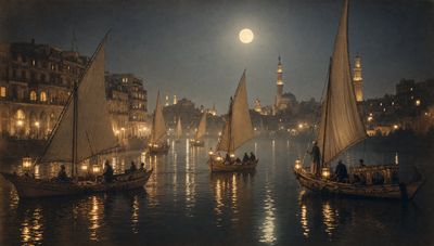 Moonlit feluccas drift across the Nile in Cairo, 1930