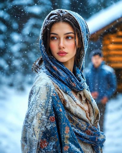 Woman in blue shawl stands peacefully amid falling snow in village