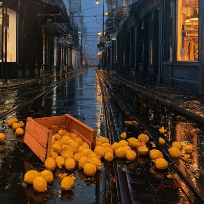 Tipped lemon crate scatters bright fruit across rain-slicked tracks at blue hour