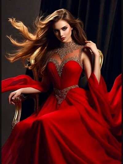 A regal woman in a red gown sits on a gilded chair.