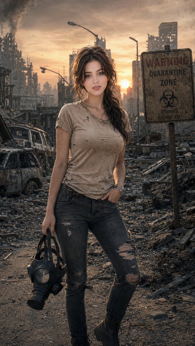 Resilient survivor stands amid ruins in golden hour light