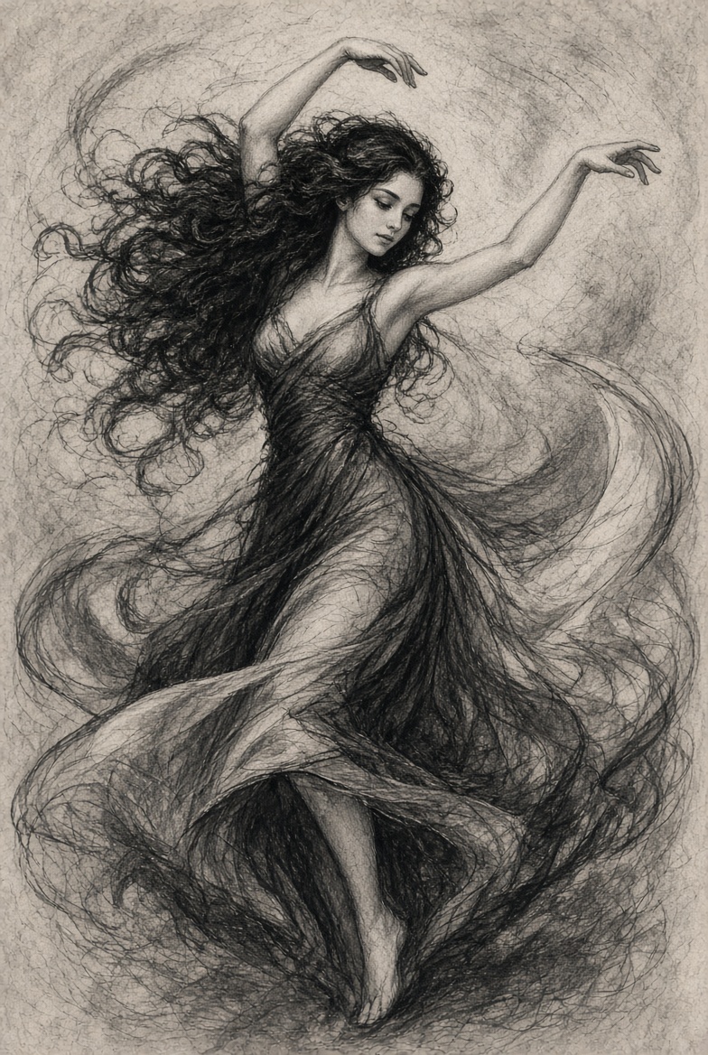 Graceful dancer's swirling charcoal dress merges with shadows in monochrome art
