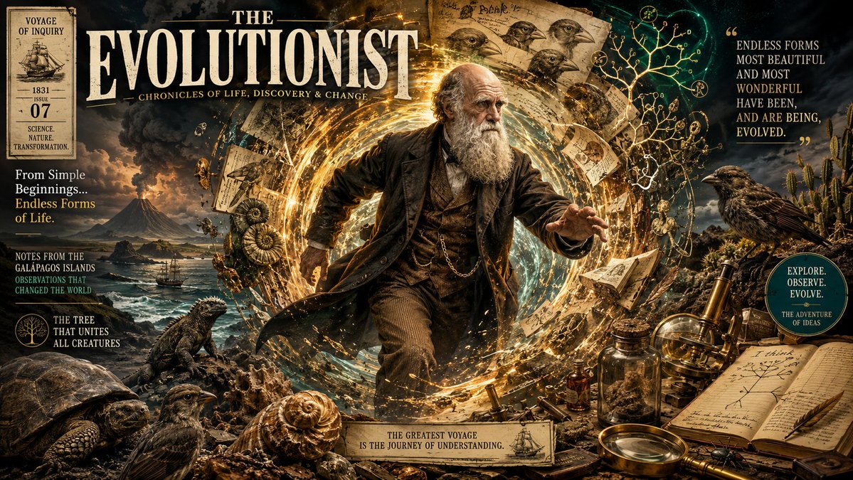Charles Darwin emerges from a glowing portal in a comic cover