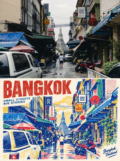 Vibrant screenprint travel poster splits photo and graphic art