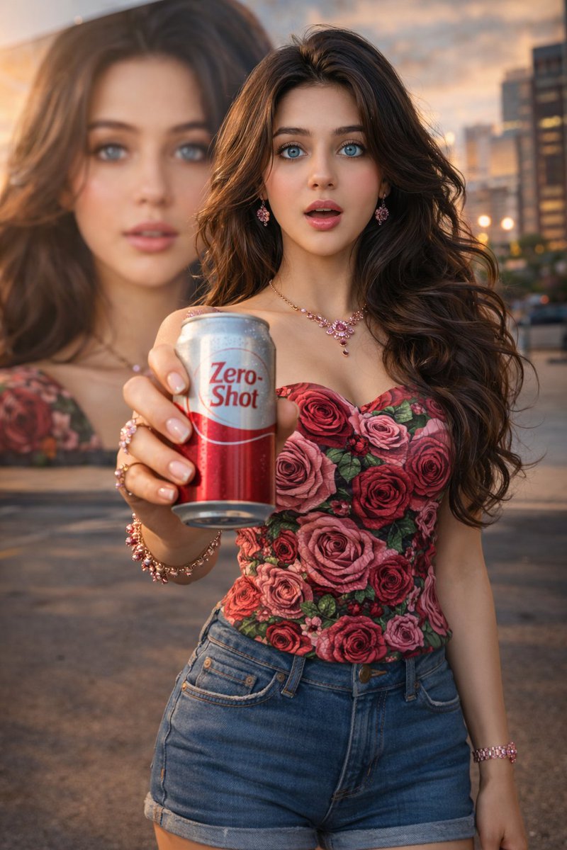 A surprised model holds a soda can before her own mural