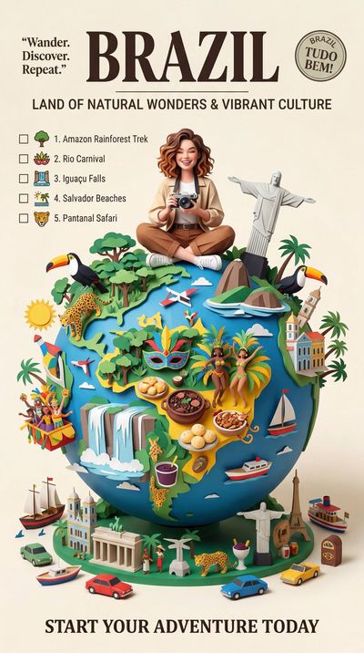 Vintage travel poster shows papercraft globe filled with landmarks