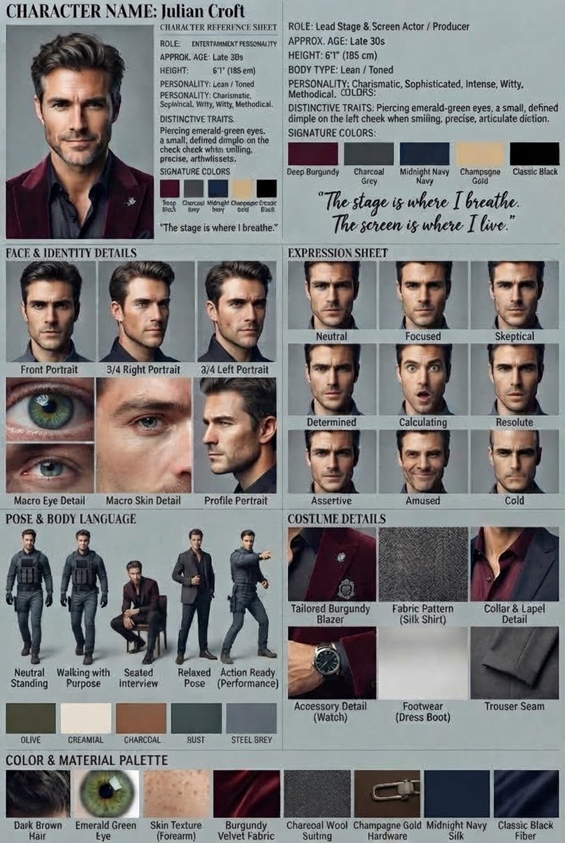 Julian Croft character sheet displays actor's expressions and tailored costumes