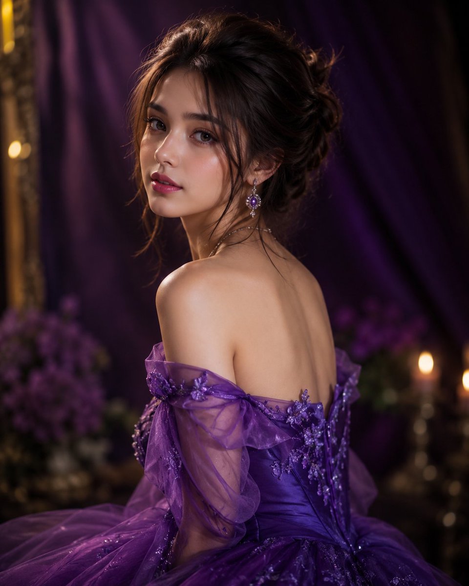 A regal woman in a deep purple gown poses gracefully.