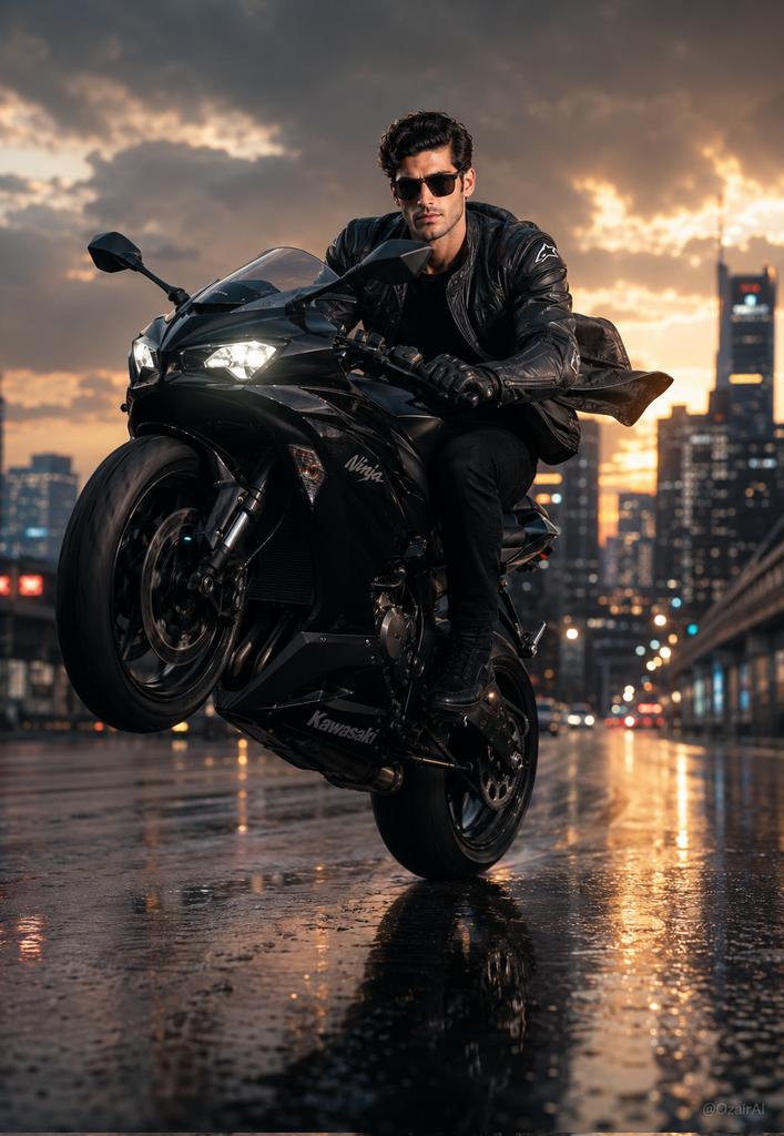 Biker performs a perfect wheelie at golden hour in city