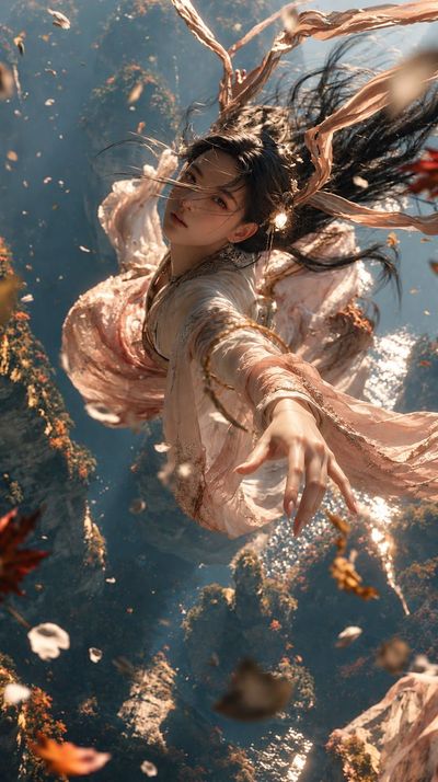 East Asian Woman in Pink Hanfu Falls Through Misty Gorge