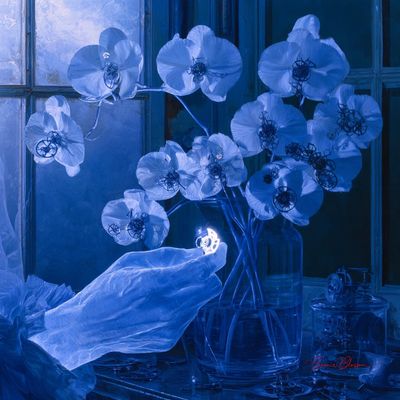 Spectral hand assembles clockwork orchids in cobalt-blue laboratory light