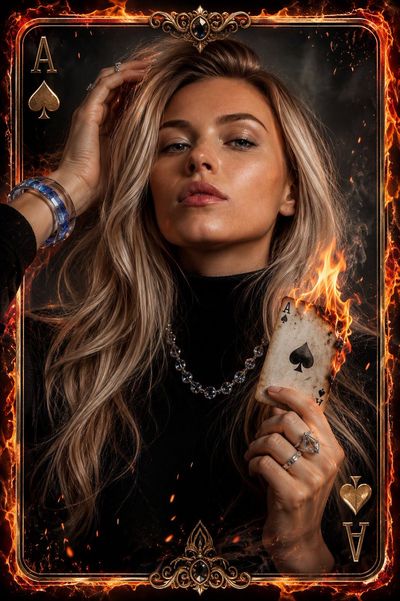 A woman with ash-beige hair holds a burning Ace of Spades card