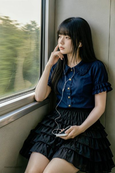Young woman with ink-black hair gazes out a train window in natural light.