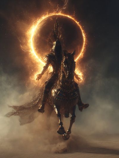 Pharaoh in golden armor rides a solar horse through a storm.