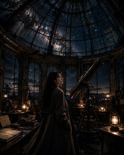 A woman in ivory coat observes stars through cracked dome glass.