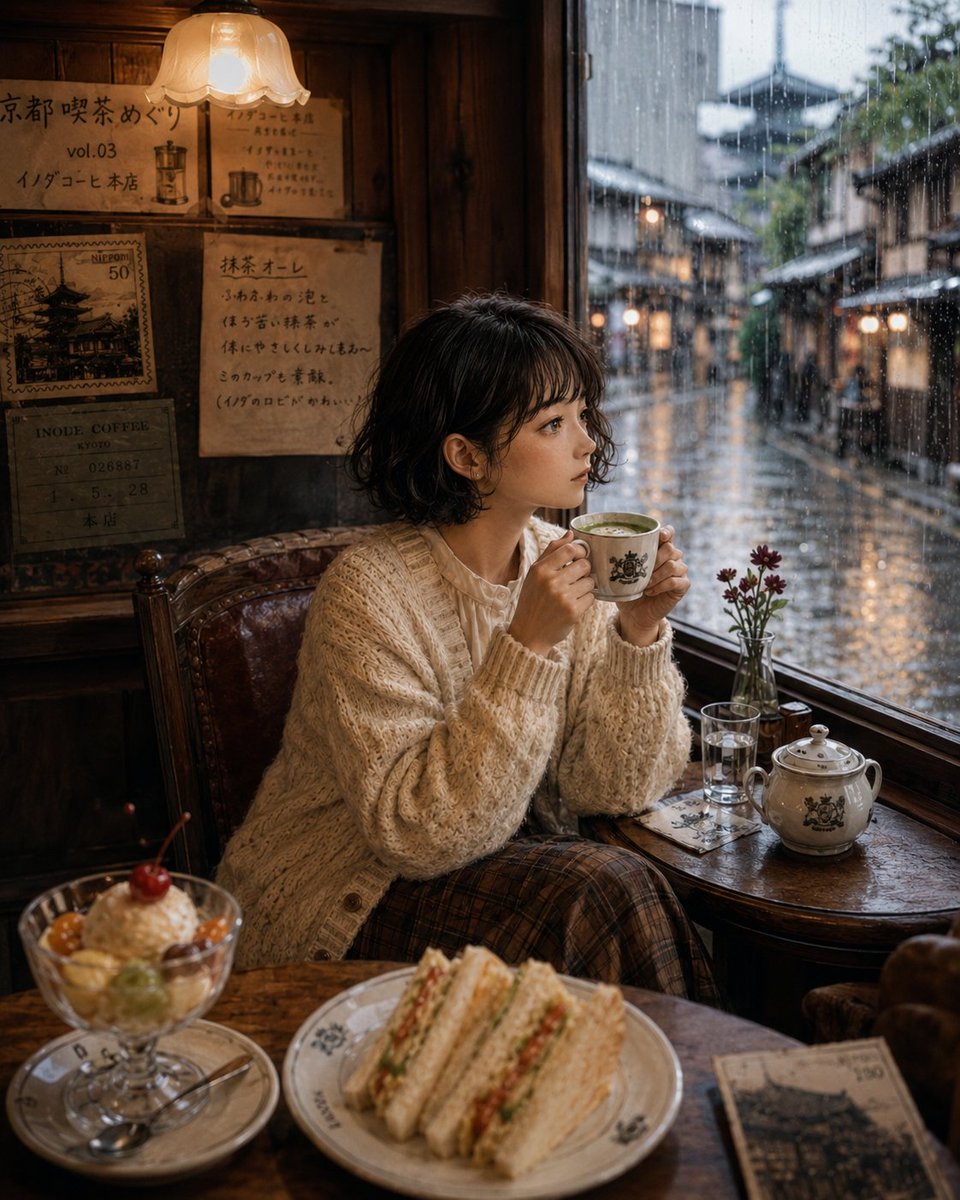 Elegant woman in cream cardigan sipping matcha in rainy Kyoto café