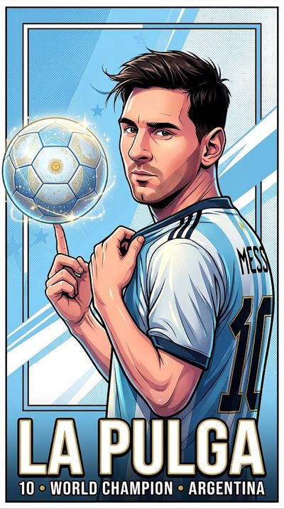 Messi spins a glowing football while lifting his jersey collar