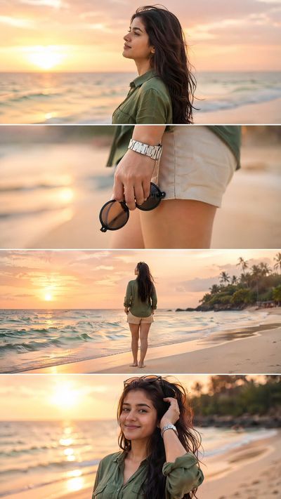 A woman in olive linen shirt poses at sunset beach