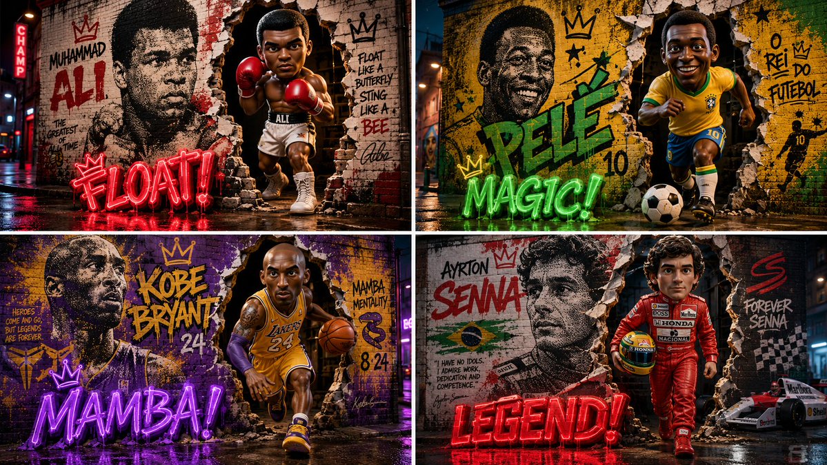 A gritty brick wall mural morphs into a photorealistic 3D action figure