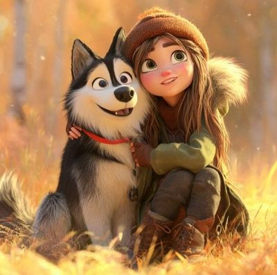 Wholesome Fall Friendship: Animated Girl & Husky in Pixar-Style