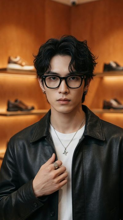 A stylish man in a leather jacket adjusts his collar with confidence.
