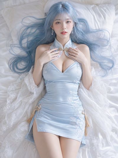 Blue Enchantress lies on white silk with pastel hair fanned out