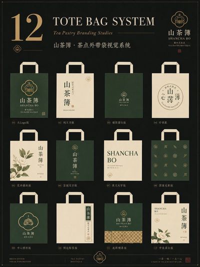 A complete brand packaging system with twelve takeout bag designs