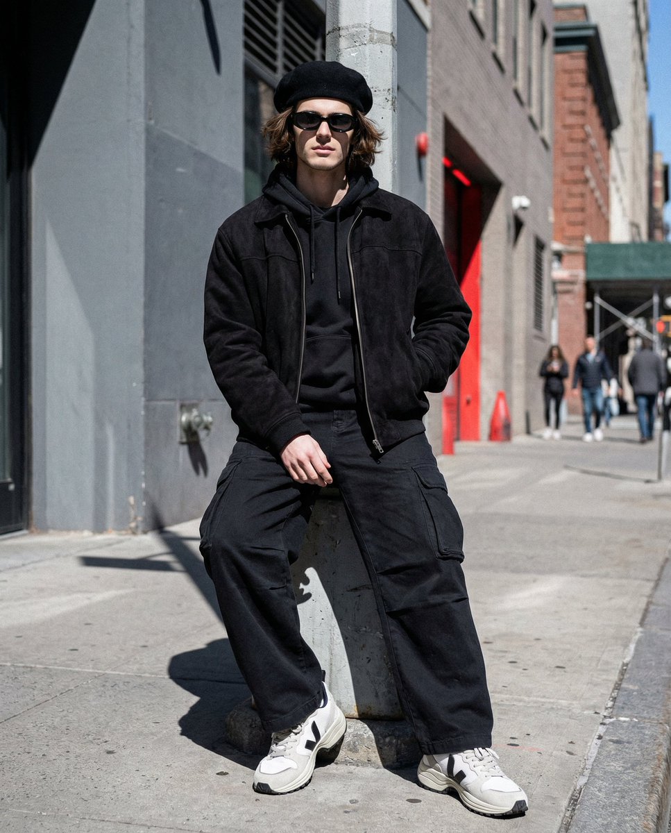 Urban Androgyny: Sharp Midday Portrait in Monochrome Layers