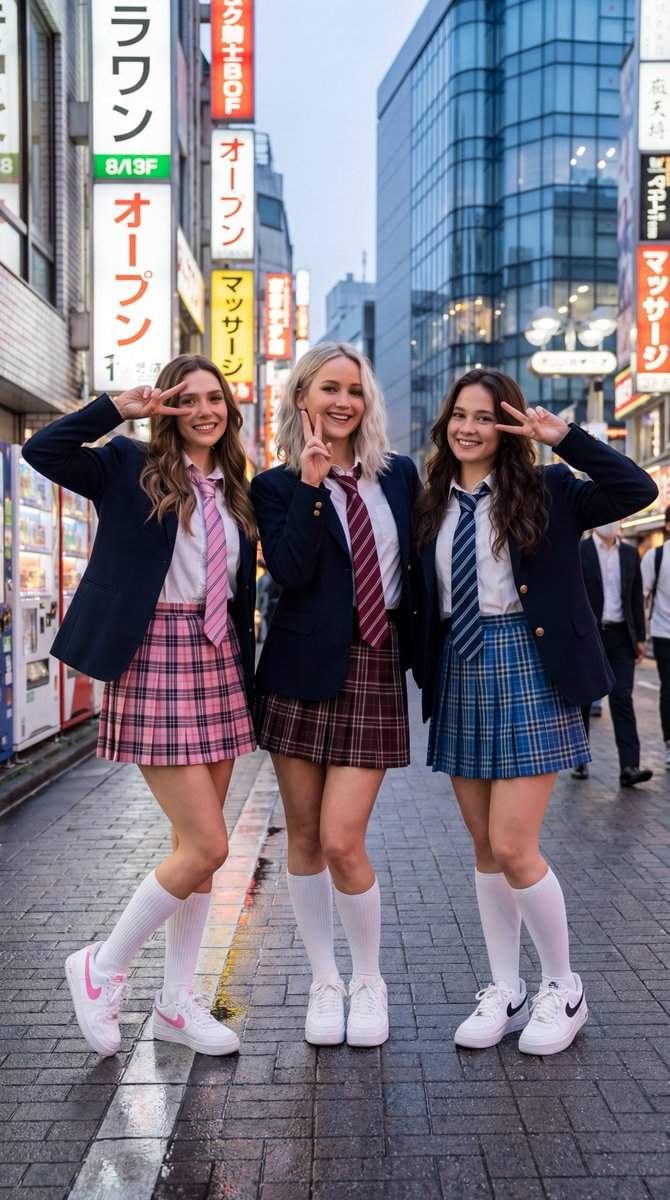 Playful Schoolgirl Trio in Tokyo's Neon Glow