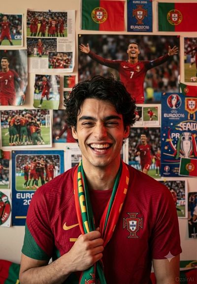 Joyful Portugal fan celebrates with wide smile in red jersey