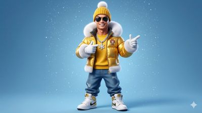Chibi Portuguese Soccer Star in Gold Puffer Jacket