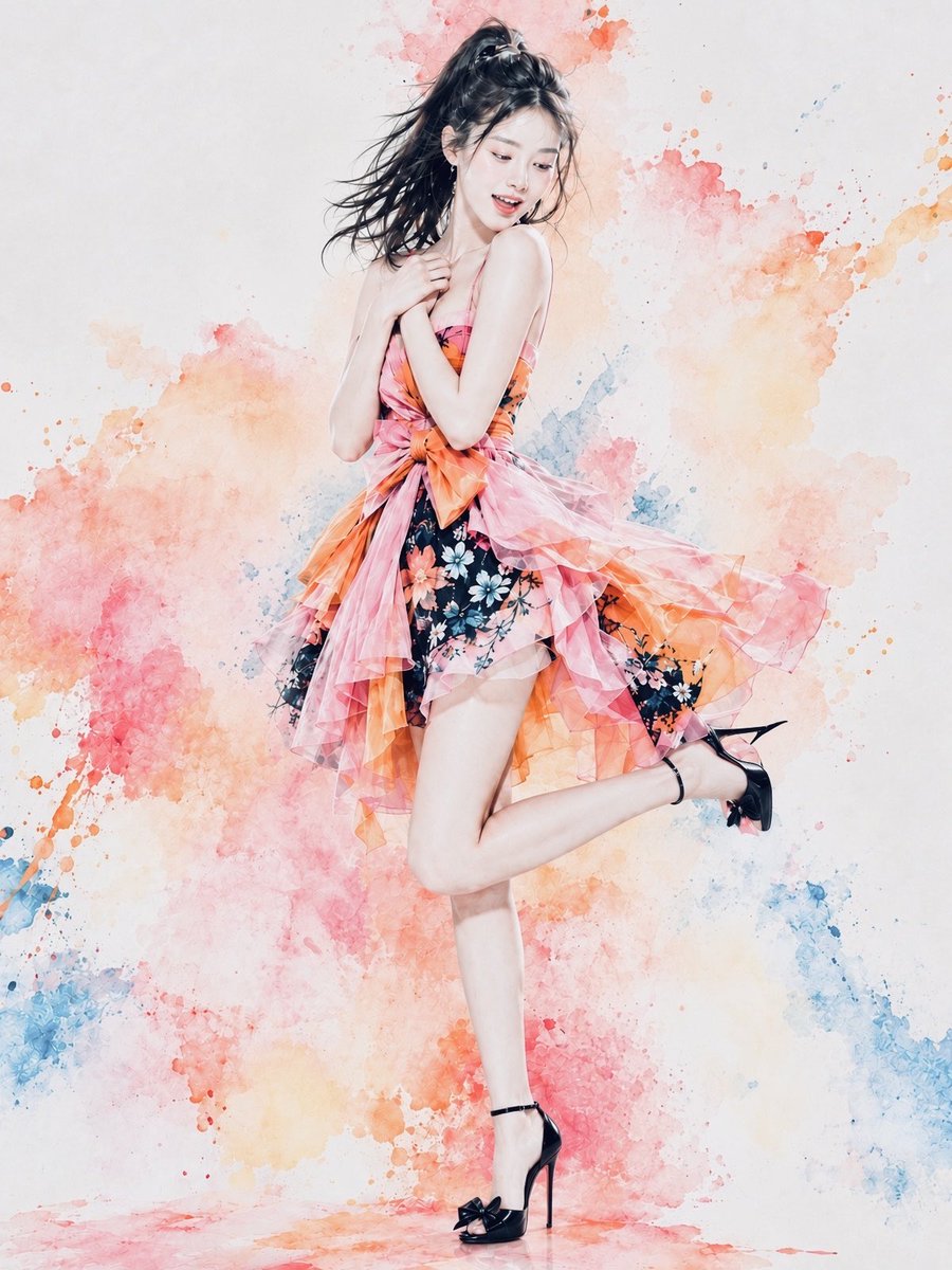 Watercolor Fashion Portrait of a Jumping Girl in Orange Dress