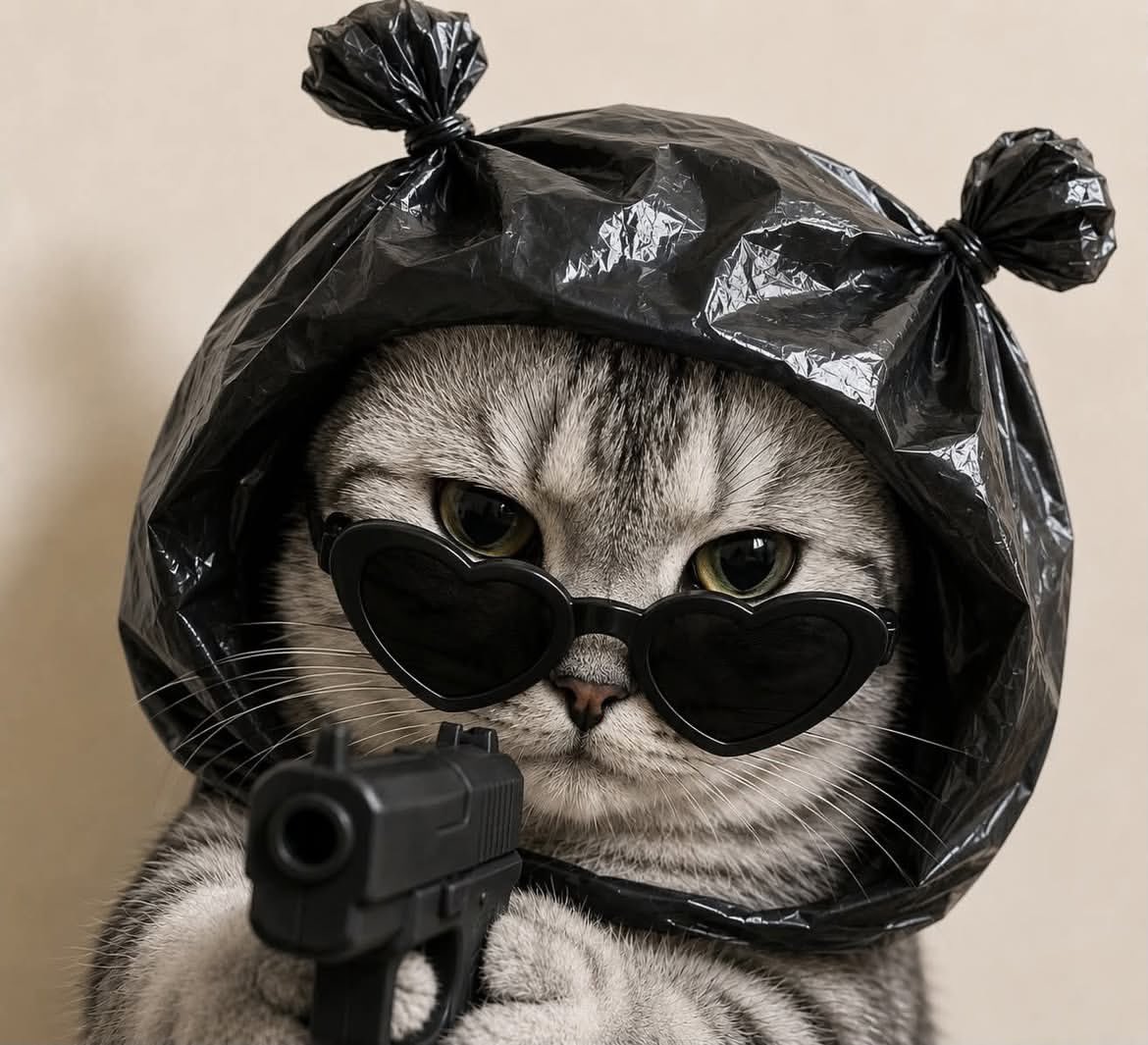 Chubby British Shorthair cat wears black plastic bag hood and heart sunglasses