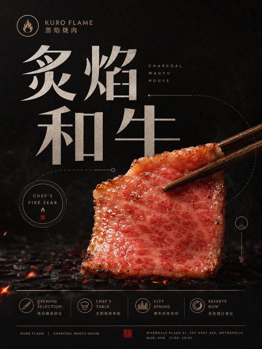 A charcoal-grilled wagyu steak glistens under a dim spotlight