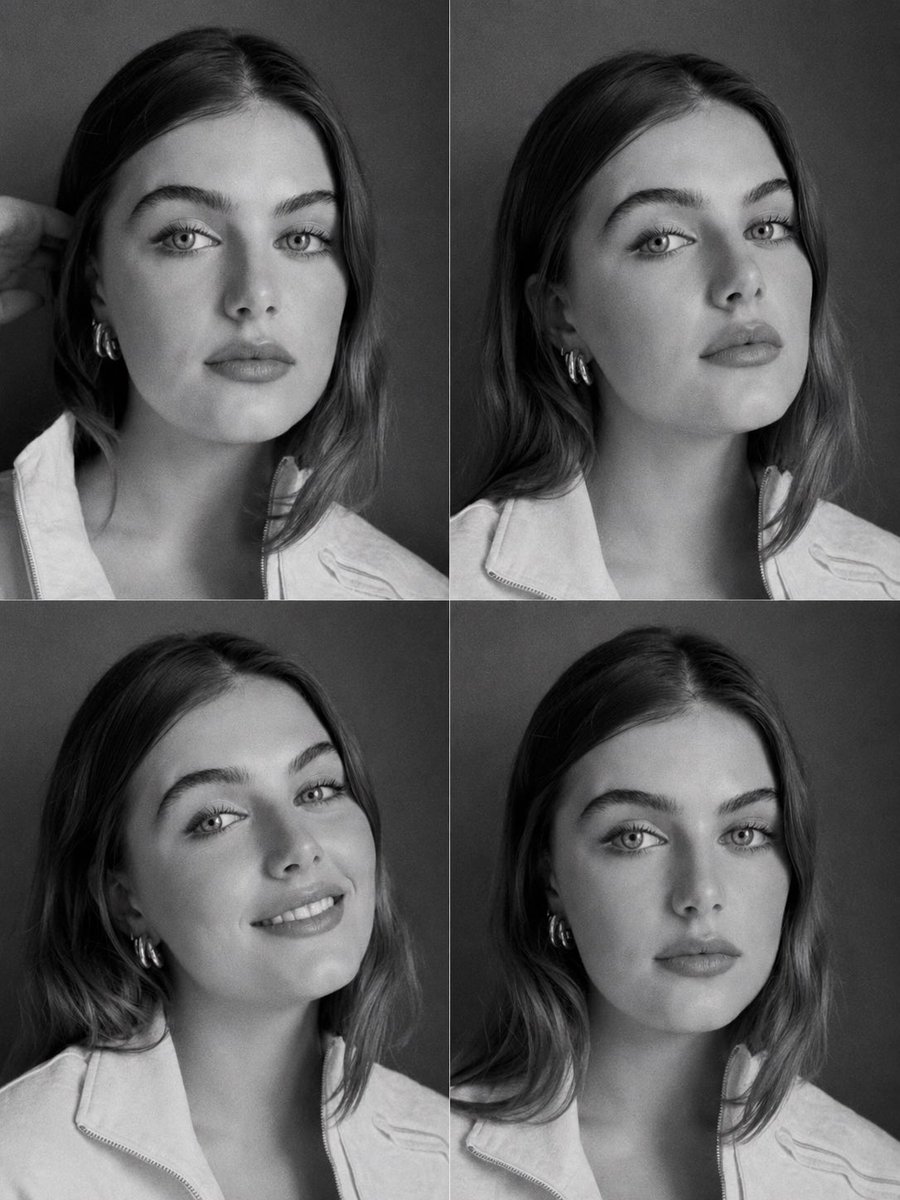 A model's four expressions captured in a monochrome contact sheet.