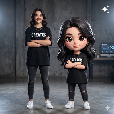 A real creator and her animated twin pose in a studio