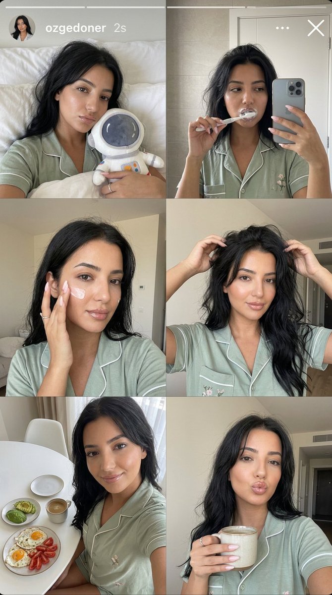 A woman in sage pajamas takes six playful morning selfies