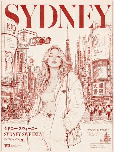 A blonde model poses in Shibuya for a luxurious fashion poster