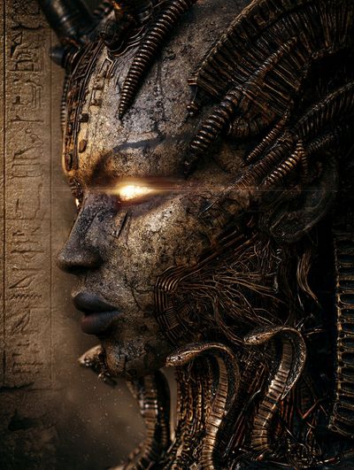 Weathered Biomechanical Entity Glows With Implants in Profile View